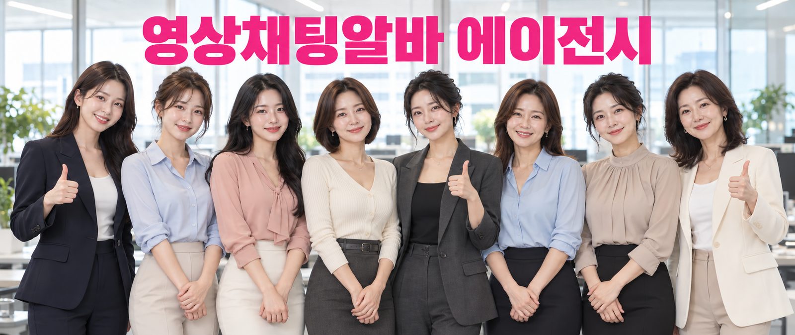 영상채팅알바 에이전시 앱앤코의 여성 매니저와 크루들이 엄지를 들고 웃는 단체 사진