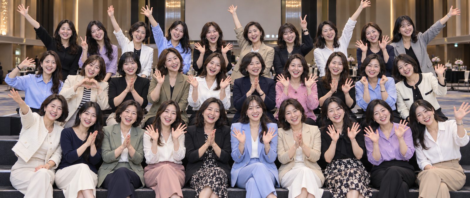 영상통화 재택알바를 함께하는 여성 크루들이 손을 흔들며 웃는 단체 사진
